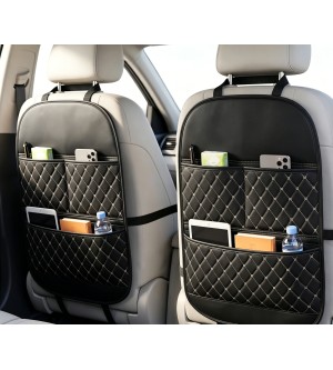 Universal Leather Car Seat Back Organizer with Kids Kick Mat And Multi-Pocket Storage Bag